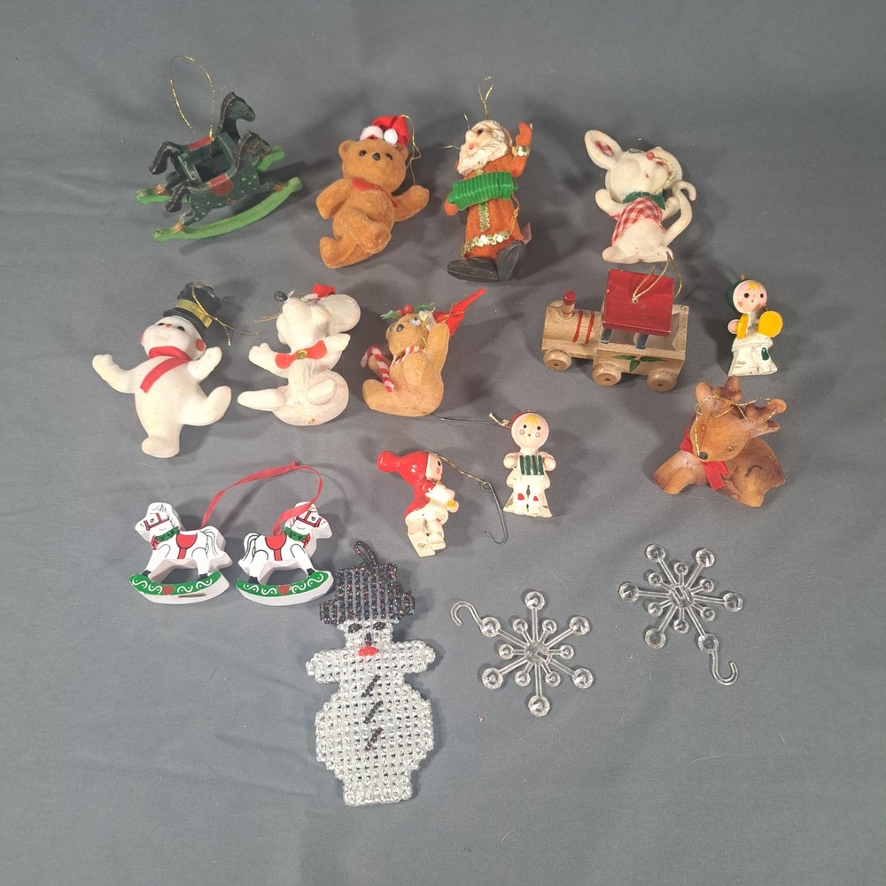 VTG Christmas Ornaments Lot Flocked Wood Bear Santa Rocking Horse Retro Holiday